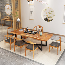 Solid wood large board tea table and chair combination New Chinese style log tea table Office meeting shop Bed and breakfast leisure table and chair