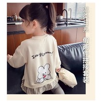 Japanese hipster girl fake two clothes 2021 spring new loose cartoon long sleeve t-shirt shirt top little girl