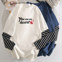 Net red maternity dress long-sleeved T-shirt spring and autumn fashion Korean version large size 200 pounds fake two-piece top medium-long trendy mom