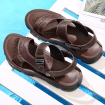 Mens sandals Genuine Leather Summer Non-slip Casual 100 lap Drive outside wearing dual-use leather slippers Middle-aged Toes Beach Shoes