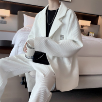 White high-grade fried street suit suit waffle suit jacket Ruffian handsome mens set light mature two-piece set