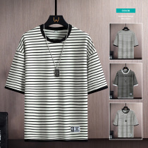 Summer short sleeve T-shirt mens round collar loose striped short sleeve T-shirt on clothes 2022 new Korean version Trend casual