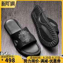 Mens slippers mens sandals 2021 summer new leather word drag summer wear slippers mens trend Korean personality