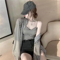  ins super fire houndstooth camisole womens summer 2021 new casual thin plaid shirt two-piece set