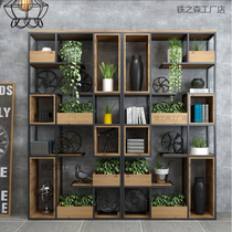 Wrought iron solid wood partition office Living Room restaurant industrial wind screen flower stand display stand porch company Shelf