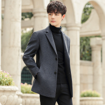 Wool woolen coat mens woolen coat medium and short slim thickened Korean version of youth cashmere Nizi windbreaker winter
