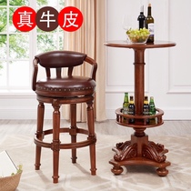 European solid wood bar chair Household high stool Bar chair backrest rotating light luxury American vintage leather bar chair
