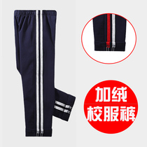 Primary school uniform pants plus velvet two bars pure cotton blue school pants Qiu Cixi primary school girls boy sports pants