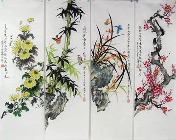 中国古美術★純手描き四条屏・梅兰竹菊画芯★国画・鄭板橋印款・肉筆・宣紙・带水印 梅兰竹菊四条屏纯手绘画芯-梅兰竹菊四条屏纯手绘画芯促销价格、梅兰竹