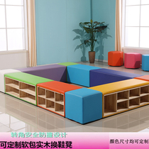 Custom Early Education Kindergarten Changing Shoes Stool Mall Dance Room Strip Bench Double Layer Solid Wood Storage Can Sit Soft Bag Shoe Cabinet