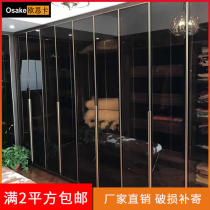 Custom minimalist wardrobe gray glass flat door narrow edge black transparent cloakroom Light luxury tempered wine cabinet sliding door