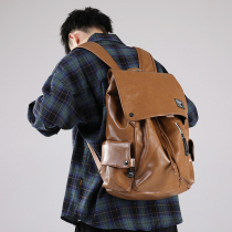 BOTB Japanese retro drawstring with lid backpack for boys and girls large capacity backpack college style trend leather schoolbag