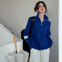 Klein blue stand-neck knitwear womens autumn and winter Korean loose design sense niche double zipper slim sweater cardigan