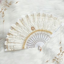 Original Lolita retro court hand-made gold folding fan lace Camellia will Lolita fan