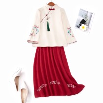Chinese Wind Women Tang Costume Improvement Hanfu Chinese Style Fur Embroidery Suit Retro of the Republic of China Two sets for the autumn and winter
