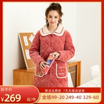 Fenten pajamas womens winter warm three-layer thick coral velvet cotton lapel lapel cute flannel home suit