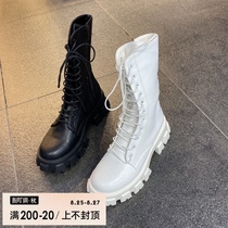  Koike in Seoul spring 2021 new round head lace-up mid-tube fashion personality mid-heel Martin boots motorcycle boots