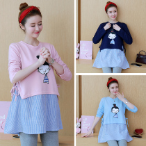Pregnant t-shirt autumn fashion long-sleeved medium-long section small pregnant loose casual large size Korean a-word top