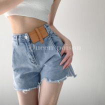 Yang Mi with asymmetrical cut denim shorts womens high waist thin flash hot pants short straight wide leg pants tide