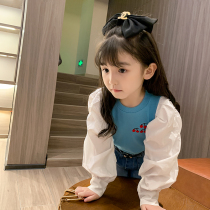  Obediently Honey girls bubble sleeve stitching T-shirt 2021 spring and autumn top fake two-piece childrens girls long-sleeved bottoming shirt