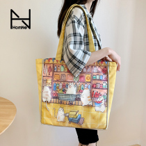 Hongna cute cat illustration canvas bag female shoulder white collar Japanese canvas bag double compartment large capacity ap