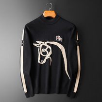 High-end wool sweater mens European and American autumn and winter thickened semi-high-neck knitted bottoming shirt trendy fashion black sweater men