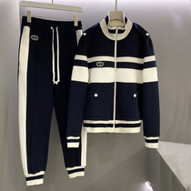 2021 New sweater jacket spring and autumn sports harbor style set womens retro chic leg casual pants two-piece set