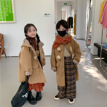 Childrens woolen coat winter thickened male and female child long hooded woolen coat baby casual trench coat