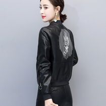 Short leather Women 2020 Autumn New Korean fashion slim jacket PU water wash leather back embroidered jacket