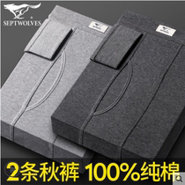 Brand Seven Wolf Mens Autumn Pants 2 Pieces Pure Cotton Sashimi Warm Inner Threading Pants Autumn winter hit bottom slim fit full cotton