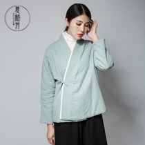 Autumn and winter Chinese style top womens oblique lapel buckle jacket Chinese style retro thickened cotton coat Womens Zen tea service lay service