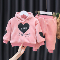 Girls autumn and winter warm set 2021 new winter plus velvet thickened two-piece baby children 0-4 years old 1 tide