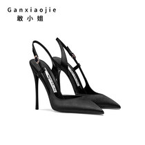  Miss dare 2021 new black satin stiletto heels pointed shallow mouth wild sexy one-word buckle belt sandals women