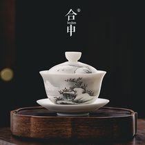 Vegetarian unglazed hand-painted cover bowl Teacup sheep fat jade white porcelain three-year bowl Handmade non-hot tea set tea bowl single