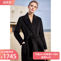 riz high-end black water corrugated double-sided cashmere coat womens long slim wool woolen jacket small Autumn
