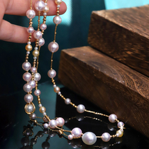 Luna Sophia autumn and winter Joker Japanese sea water akoya mixed color Pearl sweater chain 18K gold Fashion double layer