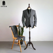 Vertebrate mens original Gray Stretch Slim-fit vest Suit Trousers Three-piece suit Work business wear