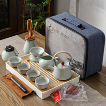 Ru kiln travel tea set portable storage bag one pot 4 cups household small set Japanese outdoor kung fu teapot