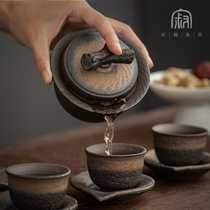 Coarse pottery hand-grasping pot Creative handmade ceramic three-cai cover bowl large old rock mud ancient anti-scalding tea maker Kung Fu tea set