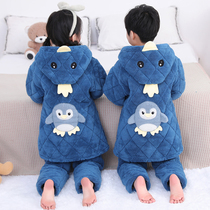 Children's pajamas winter three-layer cotton boys flannel padded velvet girls coral fleece children's home clothing