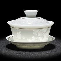 Shea butter jade white porcelain Three-only cover bowl single tea cup big number utiliturg tea with ceramic home tea bowl with green flower porcelain