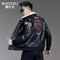 2021 autumn winter lapel leather leather jacket mens coat flying Air Force sheepskin badge fashion embroidered locomotive jacket