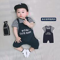 Summer newborn baby short-sleeved fake back strap conjoined ha clothes 100 days full moon Net red male baby tide children summer clothes climbing suit