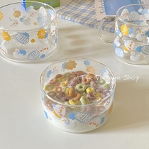 Korea ins Cute duck print glass bowl cartoon milk handle cup Transparent glass tableware set