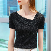 Summer mesh ballroom dance top womens short-sleeved new bright silk national standard modern Latin practice suit dance base shirt