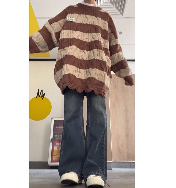 ストライプセーター女性の秋服ルーズ怠惰なスタイルオーバーサイズ日本のレトロニッチデザインセータージャケット