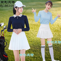 Womens golf clothes spring and autumn lapel long sleeve T-shirt knitted ball suit womens sports skirt skirt set