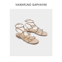 VAIEHFLNO GAPVAVNIV home RIVET SHOES 2021 new FLAT-BOTTOMED ROUND HEAD T-SHAPED STRAP LEATHER SANDALS women