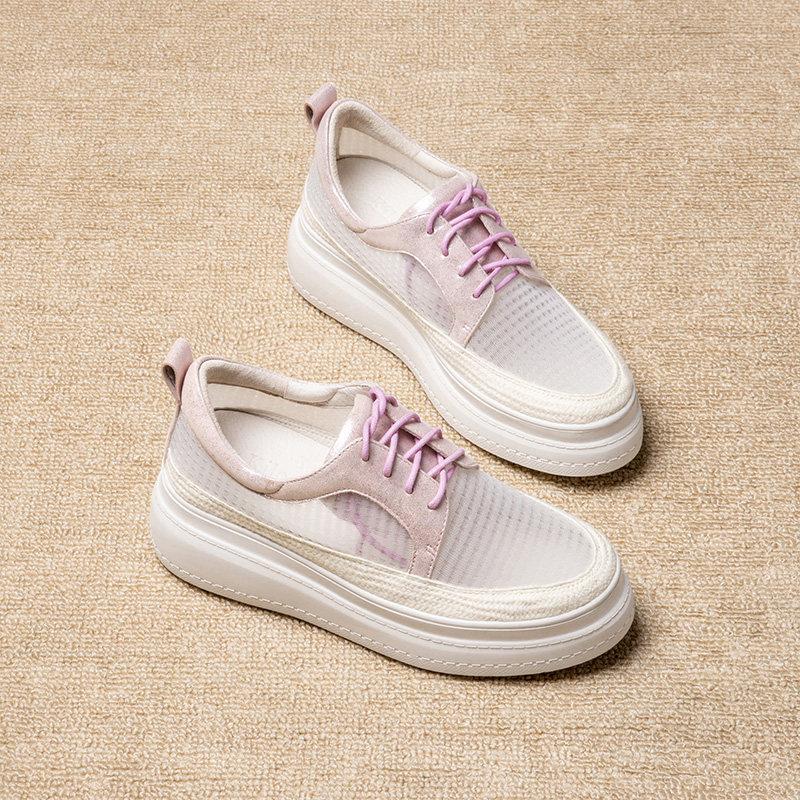 Thick-soled muffin single-shoe womens 2020 summer new flat-bottomed belt casual slope heel inner high mesh yarn tie womens shoes