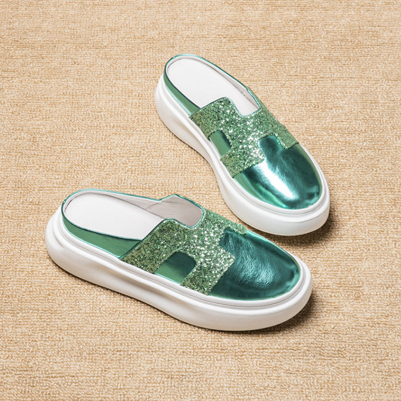 Original niche hand-designed bag head thick-soled semi-slippers womens leather water drill sequin muffin with high womens shoes